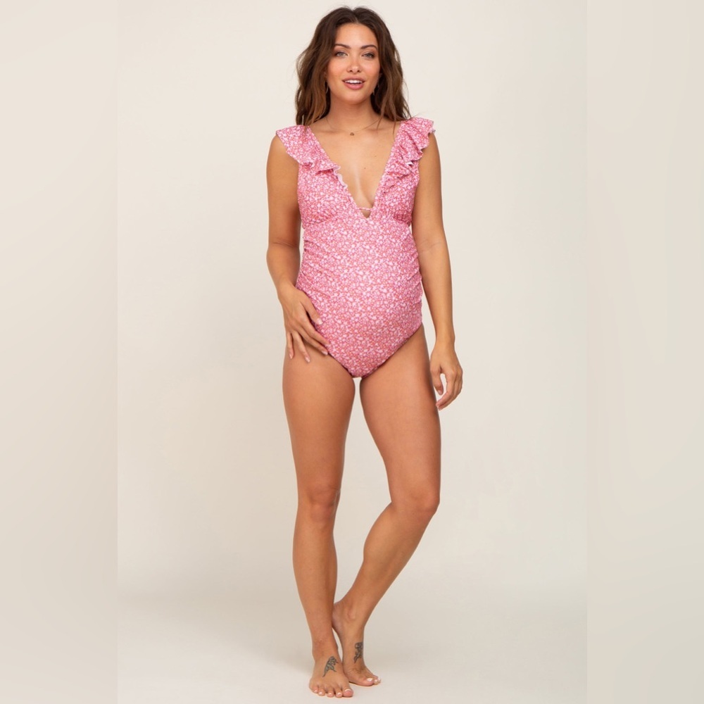 Pinkblush floral ruffle trim one piece maternity swimsuit nwot - Picture 4 of 6